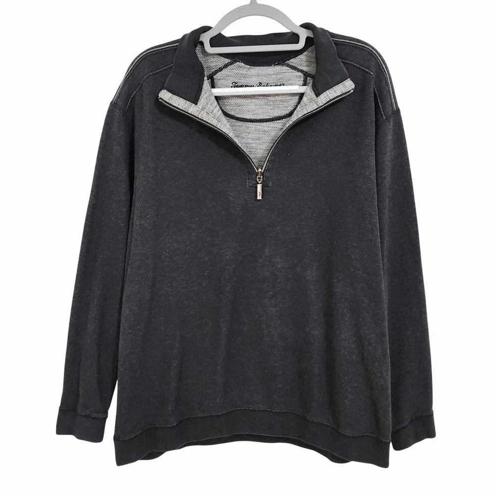 Tommy Bahama Mens Reversible Quarter Zip Pullover Charcoal‎ Gray Stripe XL